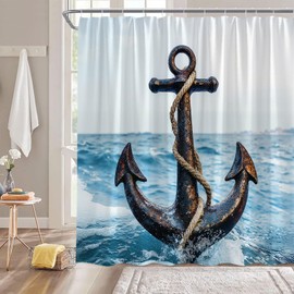 CCXTCZ Nautical Anchor Shower Curtain Blue Ocean Wave Blue Sea Scenery Vintage Adventure Landscape Fabric Bathroom Decor Curtains with Hooks,Black Blue