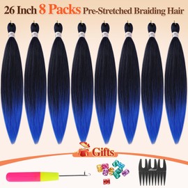 BARSDAR Pre Stretched Braiding Extensions, 66 cm, 8 Packs, Ombre Blue Braiding Hair, Pre Stretched Yaki Hot Water Setting or Box Braids, Synthetic Crochet Braids - T1B/Blue#