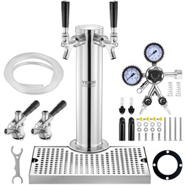 VEVOR Kegerator Tower Kit, Dual Taps Beer Conversion Kit, Stainless Steel Keg Beer Tower Dispenser with Dual Gauge CGA320 Regulator & D-System Keg Coupler, Beer Drip Tray for Party Home