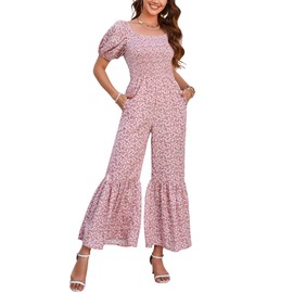 KOJOOIN Women's Summer Smocked Jumpsuits Casual Square Neck Short Sleeve High Waist Wide Leg Rompers with Pockets Pink Floral New L