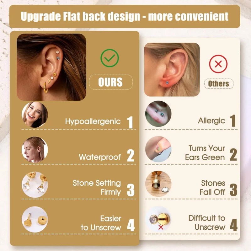 15pare Arete Mujer Piercing Oreja Cartílago Acero Inoxidable