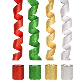 NAUZE 4 Rolls 2.5 Inch Wide Christmas Wired Edge Glitter Ribbon Sparking Shiny Ribbons Roll DIY Craft Wreath Bows Gift Wrapping Ribbon, Gold Silver Red Green