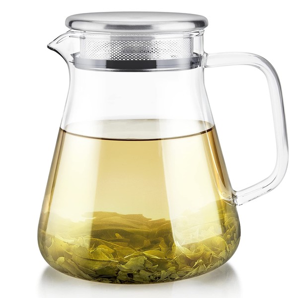 Teabloom One-Touch Tea Maker, 2-in-1 Teapot and Kettle with Stainless Steel Filter Lid for Loose Tea – Stain-free Borosilicate Glass Teapot (27 Oz) – Tea Connoisseur's Choice