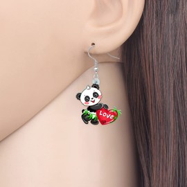 HUAGEO Valentines Day Acrylic Cartoon Love Panda Earrings Heart Bamboo Bear Dangle Jewelry Charms For Women Festival Gifts (Black)