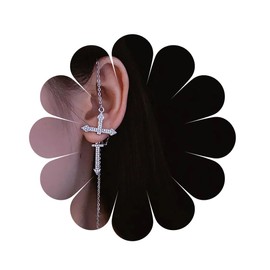 Yheakne Punk Cross Chain Dangle Earrings Long Crystal Sword Earrings Rhinestone Cross Puncture Earrings Silver Cross Sword Puncture Earrings Jewelry for Women and Girls
