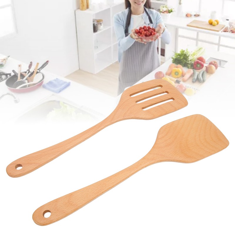 2Pcs Wooden Spatula Heat Resistant Light Weight Kitchen Cooking Utensils