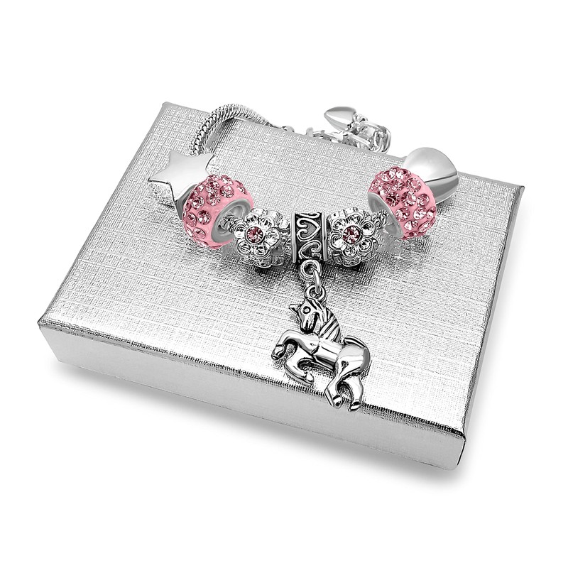 Girls Unicorn Sparkly Pink Crystal Adjustable Charm Bracelet with Gift