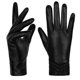 GSG Womens Leather Gloves Driving Touchscreen Warm Nappa Texting Winter Wool Liner Black 7.5