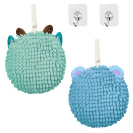 CulinaJoy 2Pcs Ultra-Soft Fuzzy Ball Hand Towels Decorative Bathroom Towels with Hanging Loops Cute Ultra-Absorbent & Quick-Dry Chenille Kitchen Towels Set(Blue & Green)