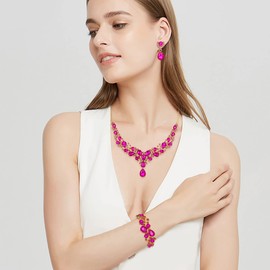 Ever Faith Austrian Crystal Bridal Bridesmaid Jewelry Sets, Elegant Water Drop Flower Cluster Statement Chunky Necklace Earrings Bracelet Set Fuchsia Gold-Tone