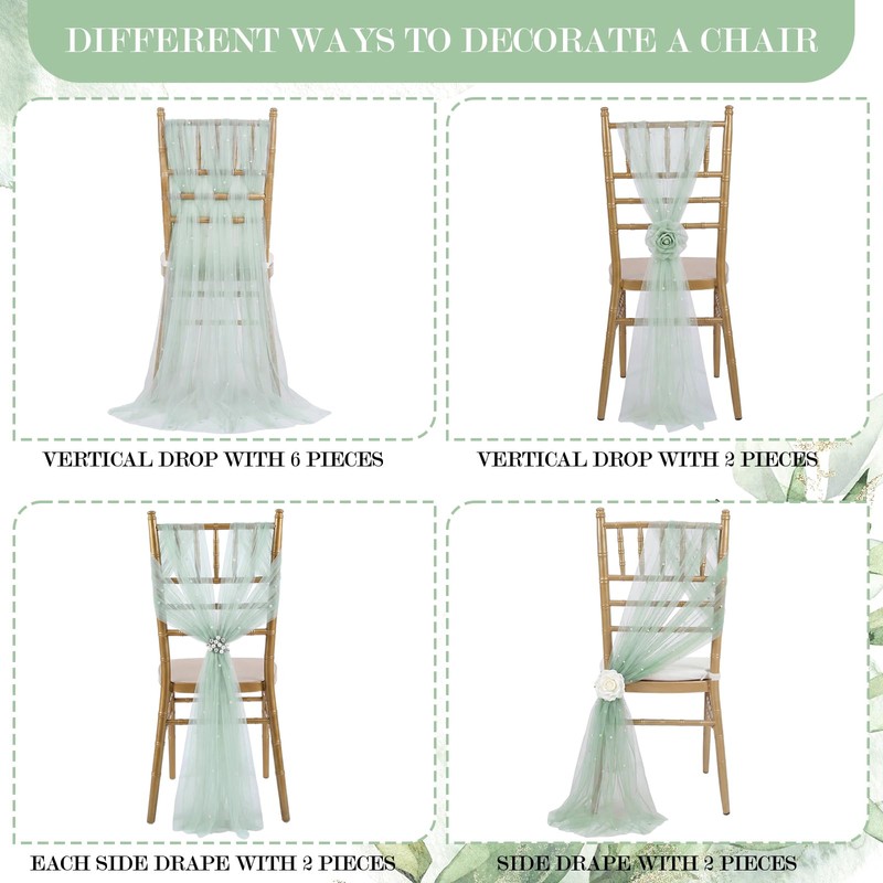 16 Packs Pearl Chair Sashes Wedding Decorations 8ft Sage Green