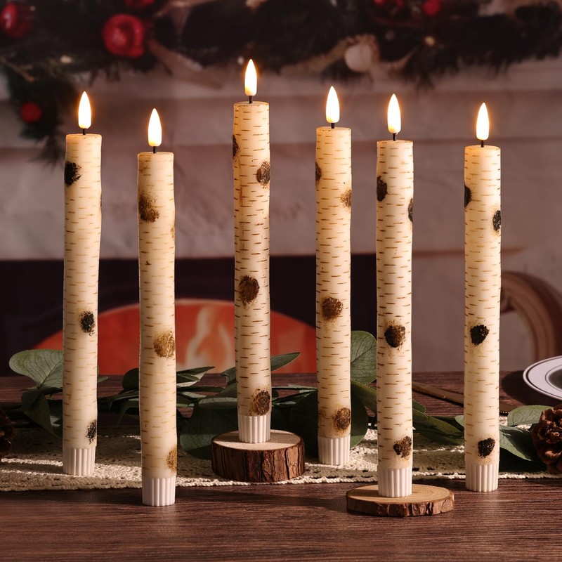Girimax Birch Bark Flameless Taper Candles with Remote, Flickering Battery