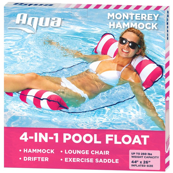 Aqua 4-in-1 Monterey Hammock Inflatable Pool Float, Multi-Purpose Pool Hammock (Saddle, Lounge Chair, Hammock, Drifter) Pool Chair, Portable Water Hammock, Pink/White Stripe