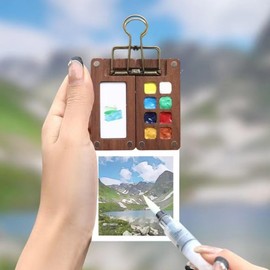 Solysta Travel Paint Palette, Mini Portable Watercolor Palette Set, 12 Colors Wooden Grid Paint Box, Watercolor Paper Pad Watercolor Sketch Book with Binder Clips for Painters Artists Students, Brown