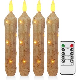 6.5 Inches Primitive Real Wax LED Flameless Short Candlesticks Hand Dipped Battery Operated Taper Candles Timer Remote Candlescolor: Khaki, size: 2 pack