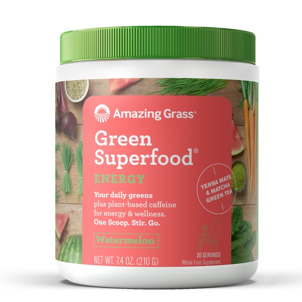Amazing Grass Greens Blend Energy: Smoothie Mix, Super Greens Powder & Plant Based Caffeine with Matcha Green Tea & Beet Root Powder, Watermelon, 30 Servings (Packaging May Vary)