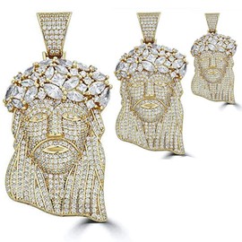 Solid 925 Sterling Silver Iced Jesus Piece Pendant - Men's 14k Gold Finish Jesus Piece - Great For Any Chain! Icy Baguette CZ - 3 Sizes: Small, Medium, & Large (Medium (2"))