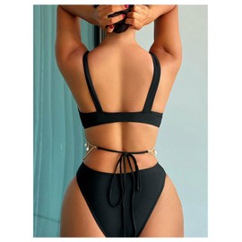 WDIRARA Women's One Piece Chain Cut Out Swimsuit Ring Linked Tummy Control Monokini Swimwear Black X-Large