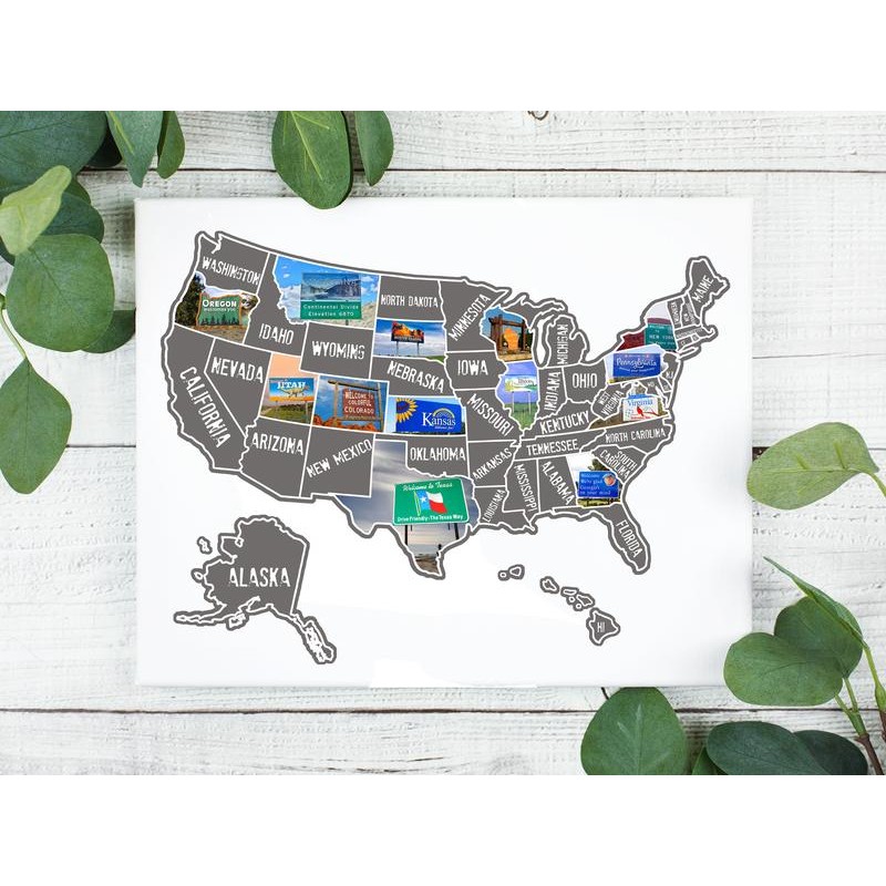 US scratch off map; State Welcome signs, travel poster; Scratch