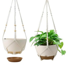 GOMETY 6er Set Makramee Blumenampel Pflanzenhänger, 89/78/60cm Pflanzkorb Hängender Blumentopfhalter Baumwollseil mit Perlen, Blumentopf Pflanzen Halter Aufhänger für Innen Außen Decken mit Haken