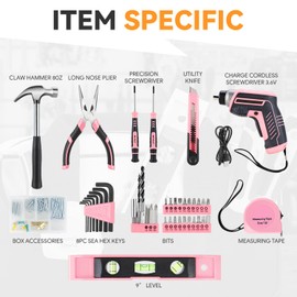 Auto Dynasty 44pcs Home Repair Tool Portable Kit with General Repair Claw Hammer, Precision Screwdriver, Pliers, Hex Key, Utility Knife Set, and Wide Mouth Opening Canvas Storage Bag, Pink