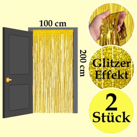 LUXURALS Tinsel Curtain Gold with Glitter, Pack of 2, 1 x 2 m, Party Curtain or Photo Background for Parties, Glitter Curtain, Tinsel Gold Foils, Fringe, Baby Shower Decoration, Baby Shower Decoration