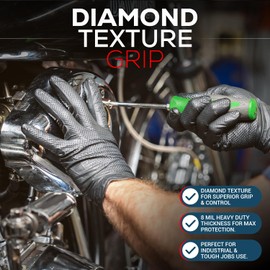 First Glove Heavy Duty Disposable Gloves - 8 Mil Thick Black Nitrile Gloves, Industrial with Raised Diamond Textured, Latex-Free and Tear-Resistant - 100 Ct. (2X-Large)