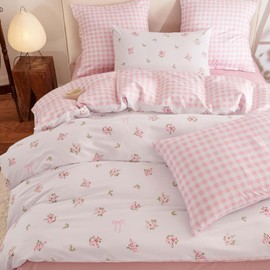 Pink Floral Comforter Set Queen Reversible Pink Gingham Bedding