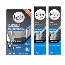 Veet Men – 1 Set zur Haarentfernung von Intimpartien – Enthaarungscreme 100 ml und Pflegebalsam 50 ml – 1 Enthaarungscreme für normale Haut 200 ml (Set Intimteile + 2 Körpercremes)