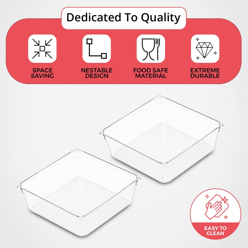 Amtido 4 Pack Drawer Organisers - Sturdy Clear Plastic -