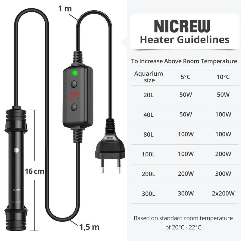 NICREW Aquarium Heater 100 W, Temperature Adjustable Aquarium Heater with