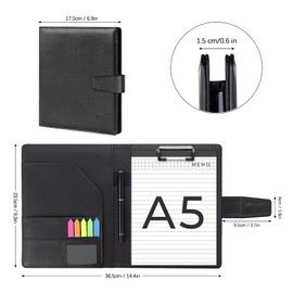 A5 Leather Portfolio Binder, Interview Legal Document Organizer with Magnetic Closure Cover with A5 Sized Papers,Sticky Tabs,Pen,Mini Document Organizer Folder for Men Women,Black
