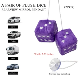 2 PCS Fuzzy Plush Dice for Car Rearview Mirror, 3'' Retro Square Heart-Shape Dice Mirror Hanging Ornament, Universal Interior Hanging Dice Decor Accessories for Men Women (Purple)