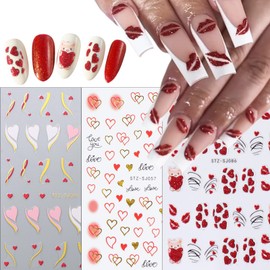 6 Sheets Valentine’s Day Nail Art Stickers 3D Heart Nail Stickers Self-Adhesive Cute Bear White Red Pink Love Hearts Nail Design Nail Decals Golden Curve Nail Art Supplies for Women Nail Decoration
