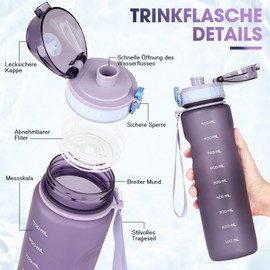 AOPREL Water Bottle, 1 Litre, Sports Water Bottle, Leak-Proof, BPA-Free, Sports Bottle with Capacity Scale for Outdoor, School, Camping