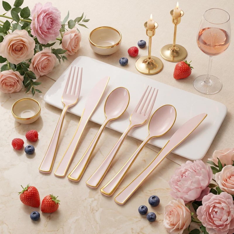 120pcs Pink and Gold Plastic Silverware Disposable Utensils Set