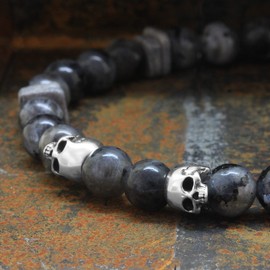 Nato Cuff - 925 Sterling Silver Skull Bracelet - Larvikite Beads Semi-Precious Stones - Greek Ceramic Beads - Men's and Women's Jewellery Handmade in France, Silver, Labradorite