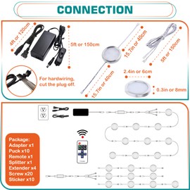 Lvyinyin Under Bar Lighting, Workspace Accent Light Kit, 120V Cabinet LED Puck, Daisy Chained Linkable, Plug-in & Hardwiring, Wireless RF Remote Control Dimmable, White Cables, Daylight, 10 Lights