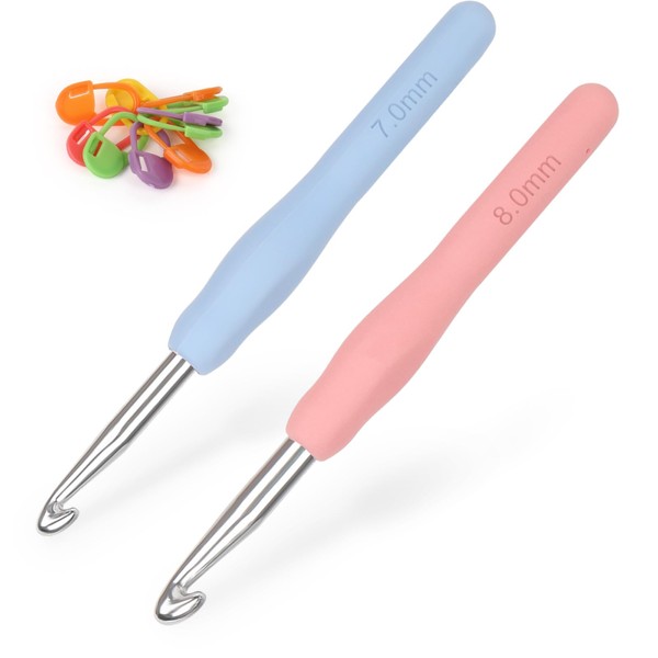 Coopay Crochet Hooks 7.0 mm and 8.0 mm, Pack of 2 Metal Crochet Hooks, Ergonomic Crochet Hook with Soft Grip for Arthritic Hands, TPR Handle Crochet Hooks for Beginners & Professionals, Crochet Hooks