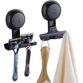 Shower Razor Holder Suction Cup 2 Packs, Heavy Duty Reusable Vacuum Suction Razor Hook, Bathroom Wall Hooks for Razor Towel Robe, Black - Color: Black, Suction