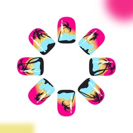 UEYRSEDB Hot Pink Press on Nails Short Square Summer Fake Nails with Beach Coconut Design Blue Pink French Tip Glue on False Nail Summer Beach Coconut Artificial Stick on Nail for Women 24Pcs