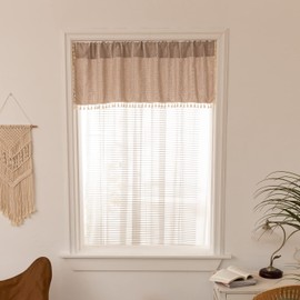 Deeprove Taupe Boho Tassel Valance for Cafe Kitchen Decor, Bohemian Farmhouse Cream Cotton Linen Short Curtains French Country Window Treatments Tier Panel, W52 x L18, 1 Piece