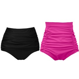 COCOPEAR - Traje de baño fruncido para mujer, cintura alta, parte inferior de bikini de cobertura completa, parte inferior de bikini con control de abdomen, Black+deep Pink, 3X-Large
