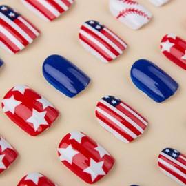 4th of July Press on Nails Square Short Fake Nails Blue Nails Press ons Independence Day False Nails with American Flag Star Designs Red Acrylic Nails White Stick on Nails for Women 24Pcs