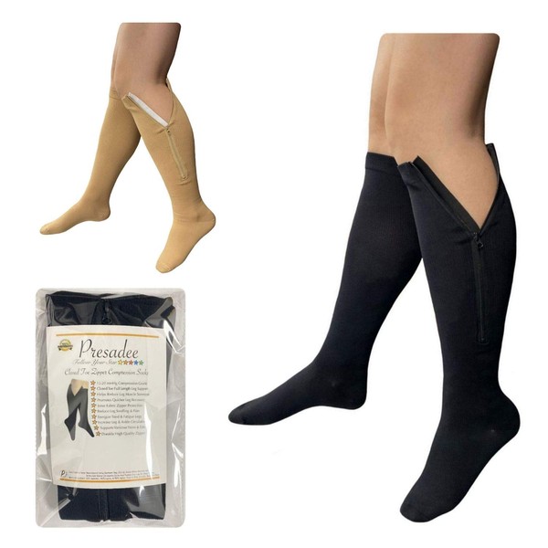 Presadee Petite Closed Toe 15-20 mmHg Moderate Zipper Compression Calf Leg Socks (Black, 2X-Large)