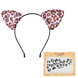 Funsveta Leopard Print Cat Ear Headband with Cheetah Pattern Stickers, Animal Print Hair Accessories, Brown Black (Black Gold, One Size)