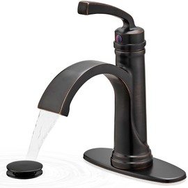 HEYMYTAP Brass Oil Rubbed Bronze Bathroom Faucet 1 Hole, Waterfall Bathroom Sink Faucet 4 Inch 3 Hole Single Handle with Pop-up Drain, Pre-Installed Water Hoses, Deck Plate for Farmhouse Vanity Sink