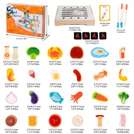XWUX Children's Wooden Barbecue Set, 34-Piece Children's Grill Toy, Includes Cooking Grate, Meat, Vegetables, Seafood and Spice Jars, 10 Double-Sided Cards, Children's Kitchen Accessories from 3 Years