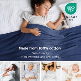 Bedsure 100% Cotton Blanket King Size for Bed - Breathable and Lightweight, Soft Cozy Textured Herringbone Woven Blanket for Summer, Navy Blue, 108x90 inches