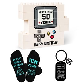 TUZELIYA 2025 Original 50th Birthday Gift for Men - Gamer Gift with Socks Building Blocks Keyrings - 50th Birthday Decoration - Gaming Gift Ideas for Dad Gaming Fans Women